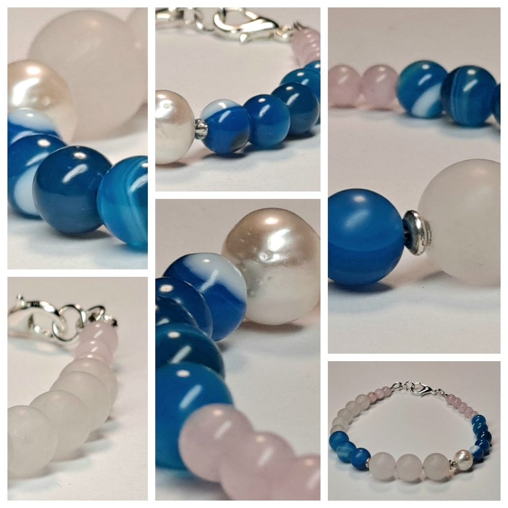 BALANCE LOVE & COMPASSION * BLUE AGATE * PEARL * ROSE QUARTZ GEMSTONE BRACELET